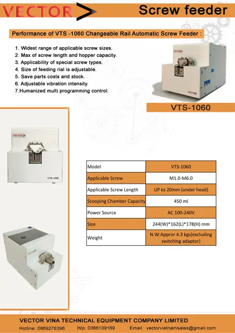 Thông số kỹ thuật máy cấp vít Vector VTS-1060