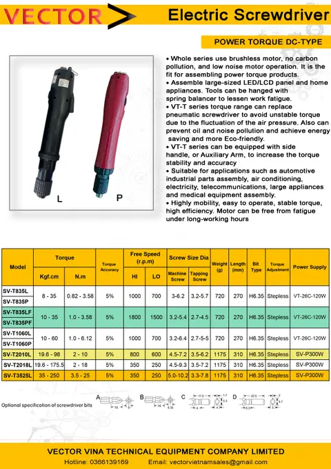 Catalogue máy vặn vít công nghiệp lực siết cao SV-T2010L