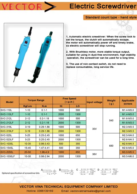 Catalogue thông số kỹ thuật tô vít điện có bộ đếm
