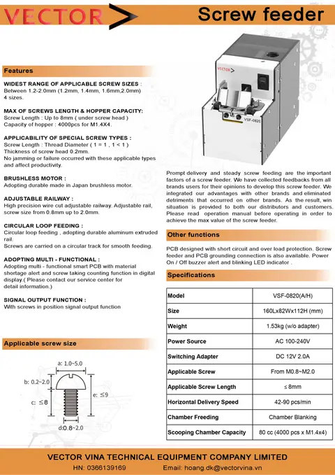 Máy cấp vít tự động VECTOR VSF-0820 Catalogue - Thông số kỹ thuật