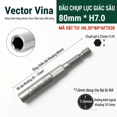 Đầu Tuýp Lục Giác Sâu Vector Vina Chuôi 6.35mm Cỡ 5mm-19mm H6.35*80*AF5-19X30 – H6.35*?*AF7X?