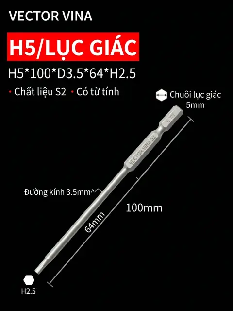 Đầu vít H5 chữ thập, hoa mai, lục giác trong chuôi lục giác 5mm dùng cho máy khí nén thép S2 có từ tính Vector Vina – H5*100*D3.5*64*H2.5