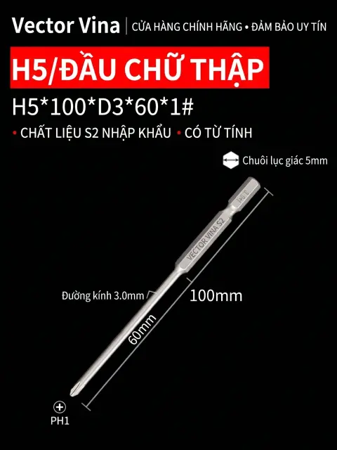 Đầu vít H5 chữ thập, hoa mai, lục giác trong chuôi lục giác 5mm dùng cho máy khí nén thép S2 có từ tính Vector Vina – H5*100*D3*60*1#