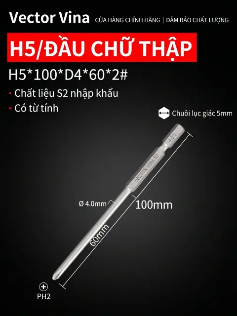 Đầu vít H5 chữ thập, hoa mai, lục giác trong chuôi lục giác 5mm dùng cho máy khí nén thép S2 có từ tính Vector Vina – H5*100*D6*75*2#