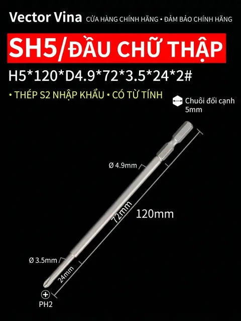 Đầu vít H5 chữ thập, hoa mai, lục giác trong chuôi lục giác 5mm dùng cho máy khí nén thép S2 có từ tính Vector Vina – H5*120*D4.9*72*3.5*24*2#