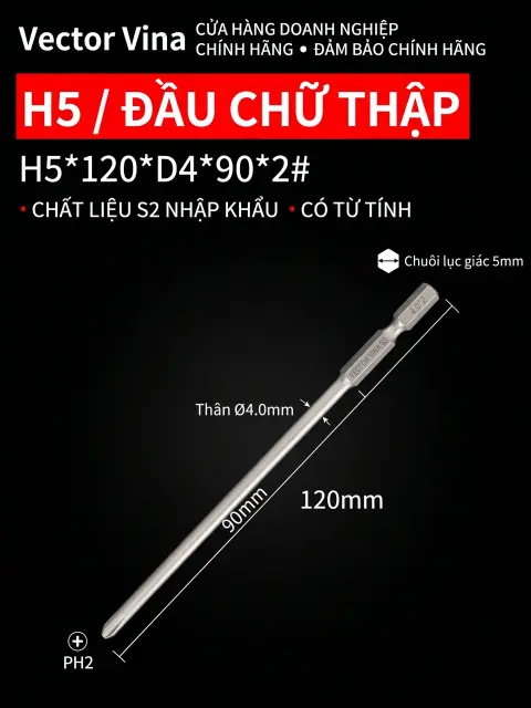 Đầu vít H5 chữ thập, hoa mai, lục giác trong chuôi lục giác 5mm dùng cho máy khí nén thép S2 có từ tính Vector Vina – H5*120*D4*90*2#