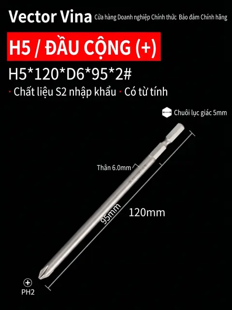Đầu vít H5 chữ thập, hoa mai, lục giác trong chuôi lục giác 5mm dùng cho máy khí nén thép S2 có từ tính Vector Vina – H5*120*D6*95*2#