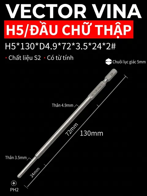 Đầu vít H5 chữ thập, hoa mai, lục giác trong chuôi lục giác 5mm dùng cho máy khí nén thép S2 có từ tính Vector Vina – H5*130*D4.9*72*3.5*24*2#