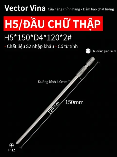 Đầu vít H5 chữ thập, hoa mai, lục giác trong chuôi lục giác 5mm dùng cho máy khí nén thép S2 có từ tính Vector Vina – H5*150*D4*120*2#