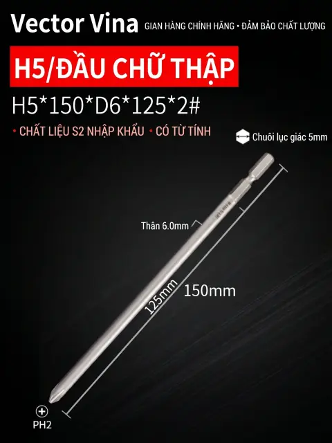 Đầu vít H5 chữ thập, hoa mai, lục giác trong chuôi lục giác 5mm dùng cho máy khí nén thép S2 có từ tính Vector Vina – H5*150*D6*125*2#