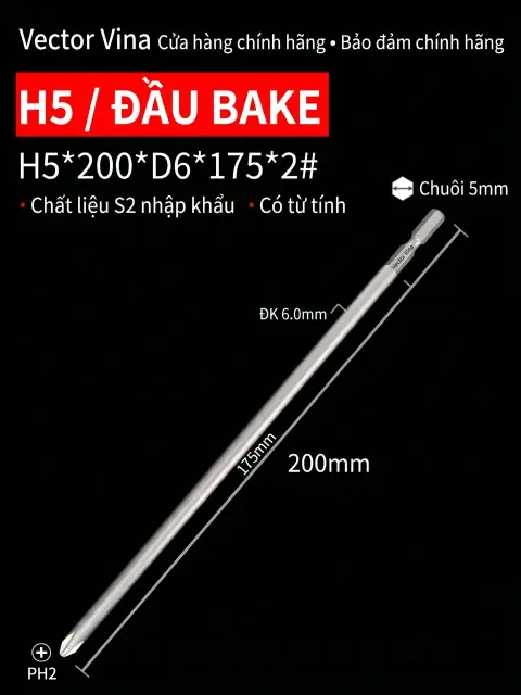 Đầu vít H5 chữ thập, hoa mai, lục giác trong chuôi lục giác 5mm dùng cho máy khí nén thép S2 có từ tính Vector Vina – H5*200*D6*175*2#