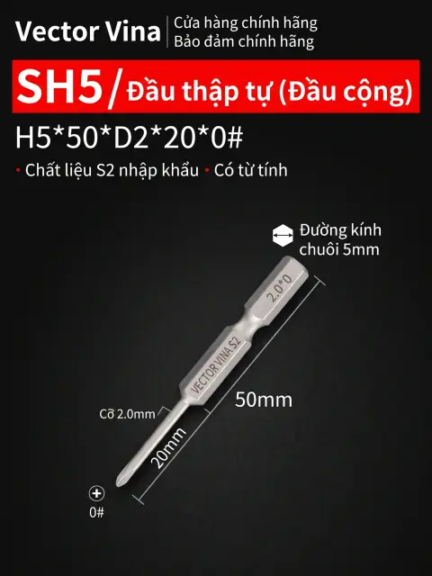 Đầu vít H5 chữ thập, hoa mai, lục giác trong chuôi lục giác 5mm dùng cho máy khí nén thép S2 có từ tính Vector Vina – H5*50*D2*20*0#