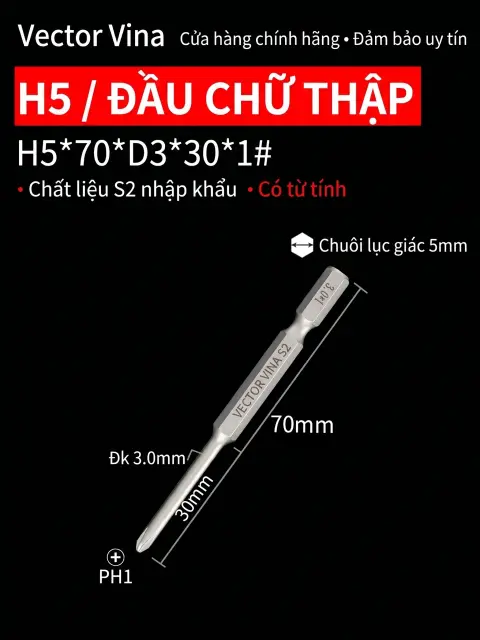 Đầu vít H5 chữ thập, hoa mai, lục giác trong chuôi lục giác 5mm dùng cho máy khí nén thép S2 có từ tính Vector Vina – H5*70*D3*30*1#