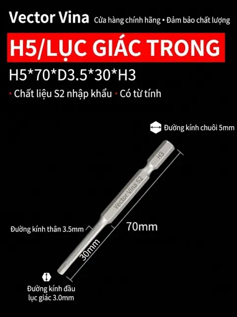 Đầu vít H5 chữ thập, hoa mai, lục giác trong chuôi lục giác 5mm dùng cho máy khí nén thép S2 có từ tính Vector Vina – H5*70*D3.5*30*H3