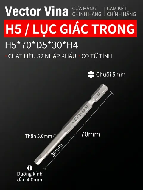 Đầu vít H5 chữ thập, hoa mai, lục giác trong chuôi lục giác 5mm dùng cho máy khí nén thép S2 có từ tính Vector Vina – H5*70*D5*30*H4
