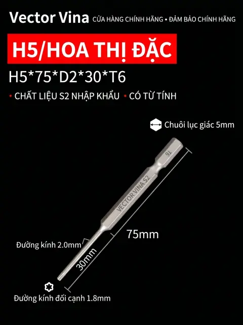 Đầu vít H5 chữ thập, hoa mai, lục giác trong chuôi lục giác 5mm dùng cho máy khí nén thép S2 có từ tính Vector Vina – H5*75*D2*30*T6