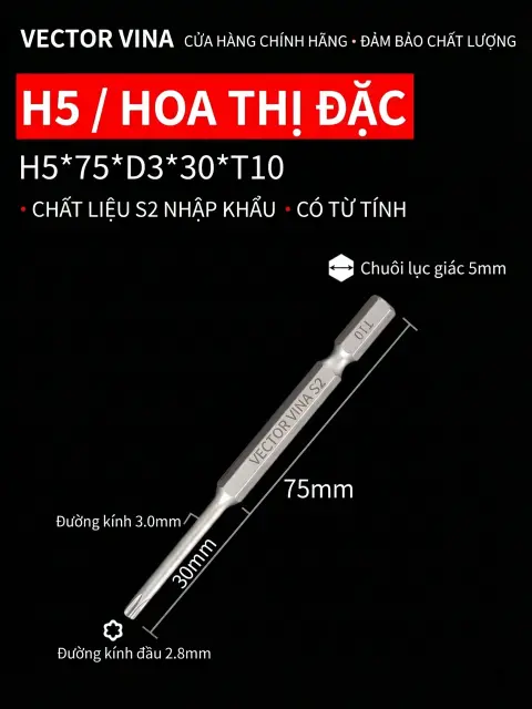 Đầu vít H5 chữ thập, hoa mai, lục giác trong chuôi lục giác 5mm dùng cho máy khí nén thép S2 có từ tính Vector Vina – H5*75*D3*30*T10