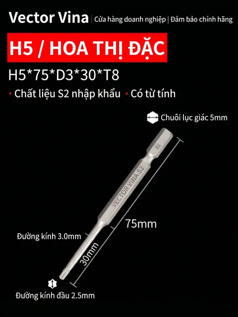 Đầu vít H5 chữ thập, hoa mai, lục giác trong chuôi lục giác 5mm dùng cho máy khí nén thép S2 có từ tính Vector Vina – H5*75*D3*30*T8