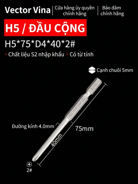 Đầu vít H5 chữ thập, hoa mai, lục giác trong chuôi lục giác 5mm dùng cho máy khí nén thép S2 có từ tính Vector Vina – H5*75*D4*40*2#