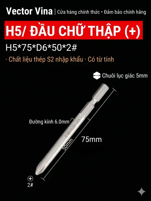Đầu vít H5 chữ thập, hoa mai, lục giác trong chuôi lục giác 5mm dùng cho máy khí nén thép S2 có từ tính Vector Vina – H5*75*D6*50*2#