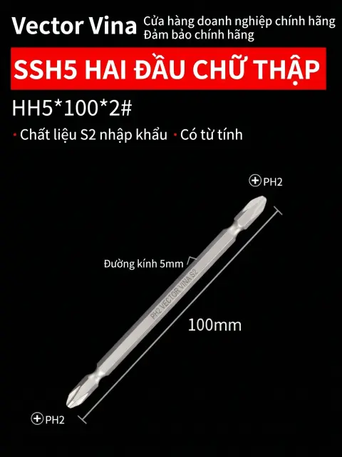 Đầu vít H5 chữ thập, hoa mai, lục giác trong chuôi lục giác 5mm dùng cho máy khí nén thép S2 có từ tính Vector Vina – HH5*100*2#