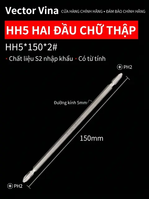 Đầu vít H5 chữ thập, hoa mai, lục giác trong chuôi lục giác 5mm dùng cho máy khí nén thép S2 có từ tính Vector Vina – HH5*150*2#