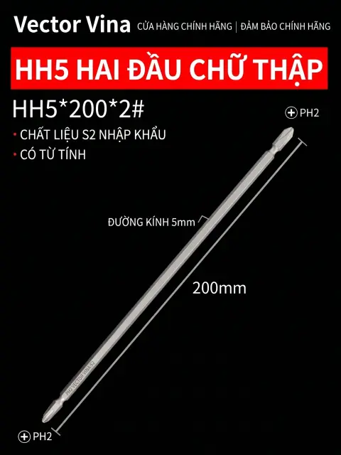 Đầu vít H5 chữ thập, hoa mai, lục giác trong chuôi lục giác 5mm dùng cho máy khí nén thép S2 có từ tính Vector Vina – HH5*200*2#