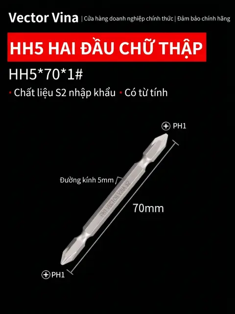 Đầu vít H5 chữ thập, hoa mai, lục giác trong chuôi lục giác 5mm dùng cho máy khí nén thép S2 có từ tính Vector Vina – HH5*70*1#
