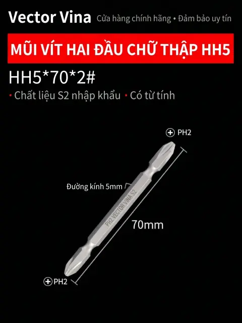 Đầu vít H5 chữ thập, hoa mai, lục giác trong chuôi lục giác 5mm dùng cho máy khí nén thép S2 có từ tính Vector Vina – HH5*70*2#