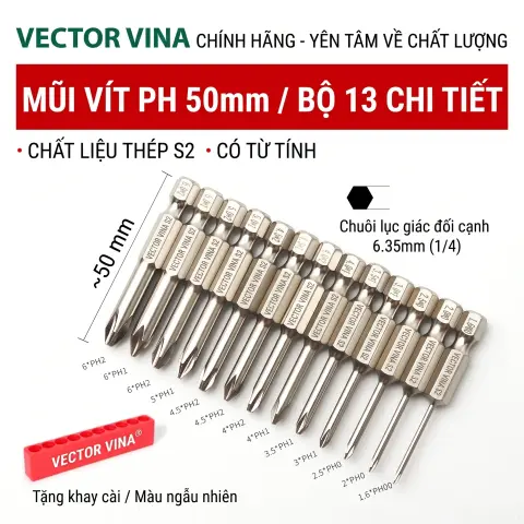 Mũi vít bake chữ thập mạ điện chống gỉ VECTOR VINA H6.35 – Bộ 13 mũi chữ thập 50mm mạ điện chống gỉ (tặng thanh cài)