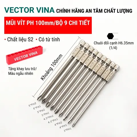 Mũi vít bake chữ thập mạ điện chống gỉ VECTOR VINA H6.35 – Bộ 9 mũi chữ thập 100mm mạ điện chống gỉ (tặng thanh cài)