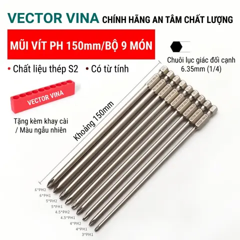 Mũi vít bake chữ thập mạ điện chống gỉ VECTOR VINA H6.35 – Bộ 9 mũi chữ thập 150mm mạ điện chống gỉ (tặng thanh cài)