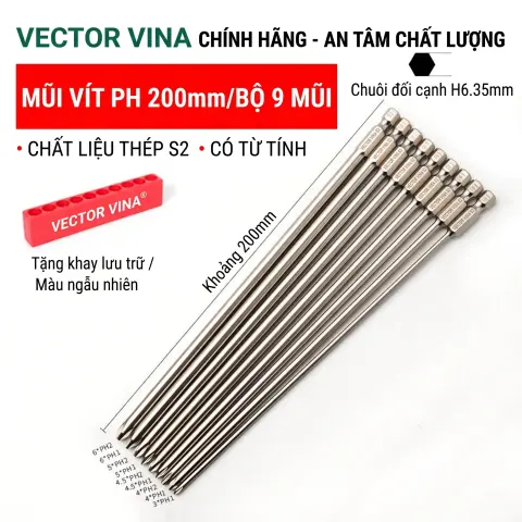 Mũi vít bake chữ thập mạ điện chống gỉ VECTOR VINA H6.35 – Bộ 9 mũi chữ thập 200mm mạ điện chống gỉ (tặng thanh cài)