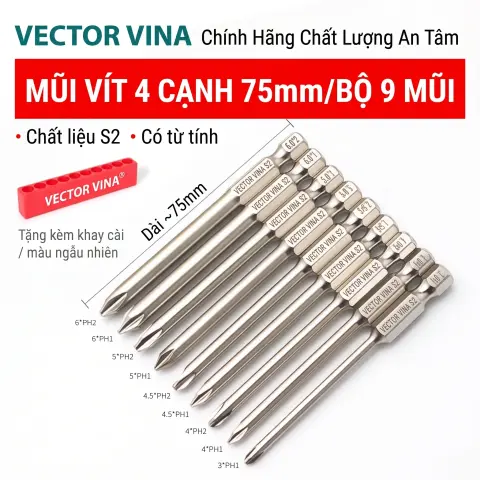 Mũi vít bake chữ thập mạ điện chống gỉ VECTOR VINA H6.35 – Bộ 9 mũi chữ thập 75mm mạ điện chống gỉ (tặng thanh cài)