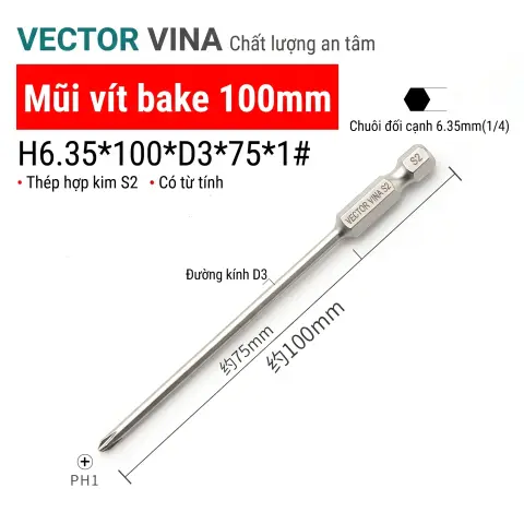 Mũi vít bake chữ thập mạ điện chống gỉ VECTOR VINA H6.35 – H6.35*100*D3*1#