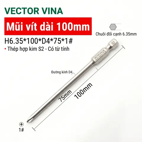 Mũi vít bake chữ thập mạ điện chống gỉ VECTOR VINA H6.35 – H6.35*100*D4*1#