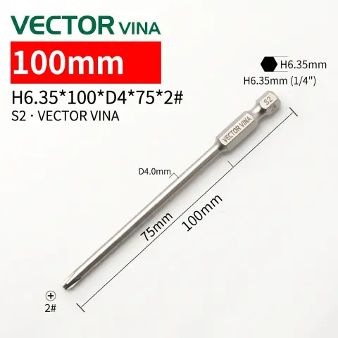 Mũi vít bake chữ thập mạ điện chống gỉ VECTOR VINA H6.35 – H6.35*100*D4*2#