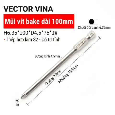 Mũi vít bake chữ thập mạ điện chống gỉ VECTOR VINA H6.35 – H6.35*100*D4.5*1#