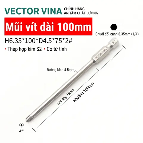 Mũi vít bake chữ thập mạ điện chống gỉ VECTOR VINA H6.35 – H6.35*100*D4.5*2#