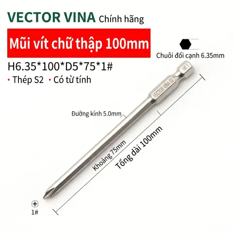 Mũi vít bake chữ thập mạ điện chống gỉ VECTOR VINA H6.35 – H6.35*100*D5*1#
