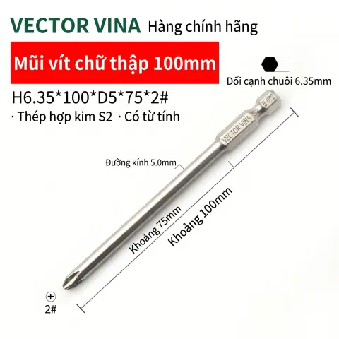 Mũi vít bake chữ thập mạ điện chống gỉ VECTOR VINA H6.35 – H6.35*100*D5*2#