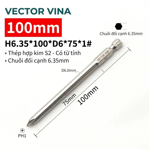 Mũi vít bake chữ thập mạ điện chống gỉ VECTOR VINA H6.35 – H6.35*100*D6*1#