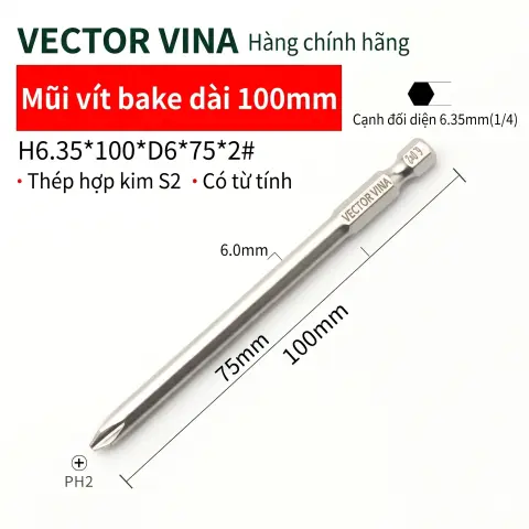 Mũi vít bake chữ thập mạ điện chống gỉ VECTOR VINA H6.35 – H6.35*100*D6*2#
