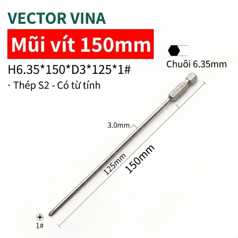 Mũi vít bake chữ thập mạ điện chống gỉ VECTOR VINA H6.35 – H6.35*150*D3*1#