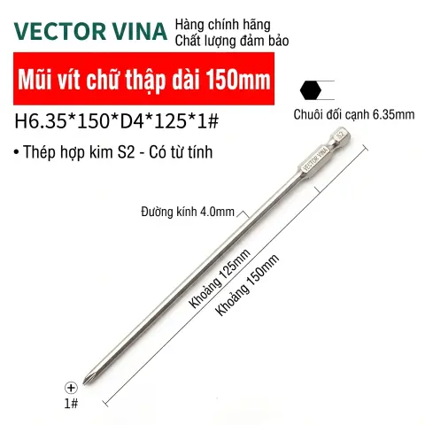 Mũi vít bake chữ thập mạ điện chống gỉ VECTOR VINA H6.35 – H6.35*150*D4*1#