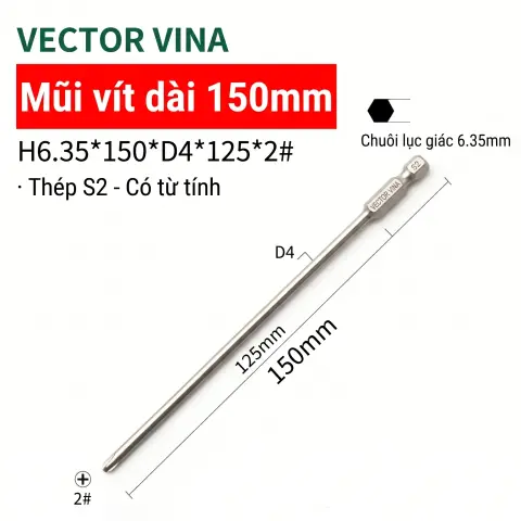 Mũi vít bake chữ thập mạ điện chống gỉ VECTOR VINA H6.35 – H6.35*150*D4*2#
