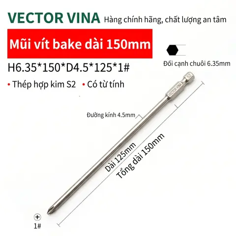 Mũi vít bake chữ thập mạ điện chống gỉ VECTOR VINA H6.35 – H6.35*150*D4.5*1#