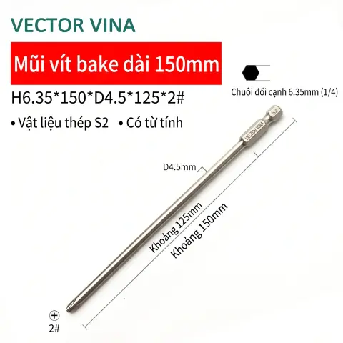 Mũi vít bake chữ thập mạ điện chống gỉ VECTOR VINA H6.35 – H6.35*150*D4.5*2#