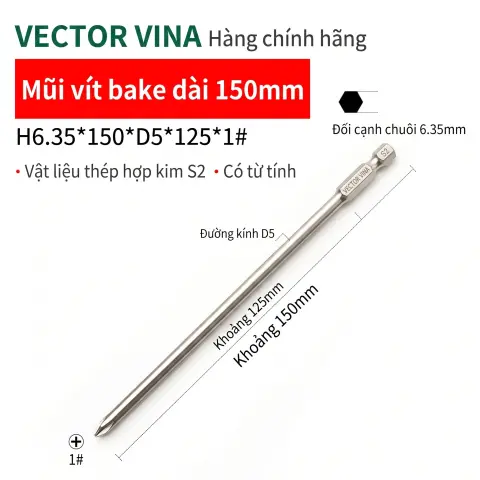 Mũi vít bake chữ thập mạ điện chống gỉ VECTOR VINA H6.35 – H6.35*150*D5*1#