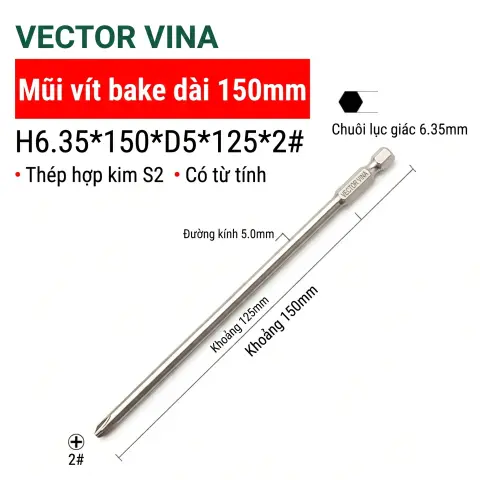 Mũi vít bake chữ thập mạ điện chống gỉ VECTOR VINA H6.35 – H6.35*150*D5*2#